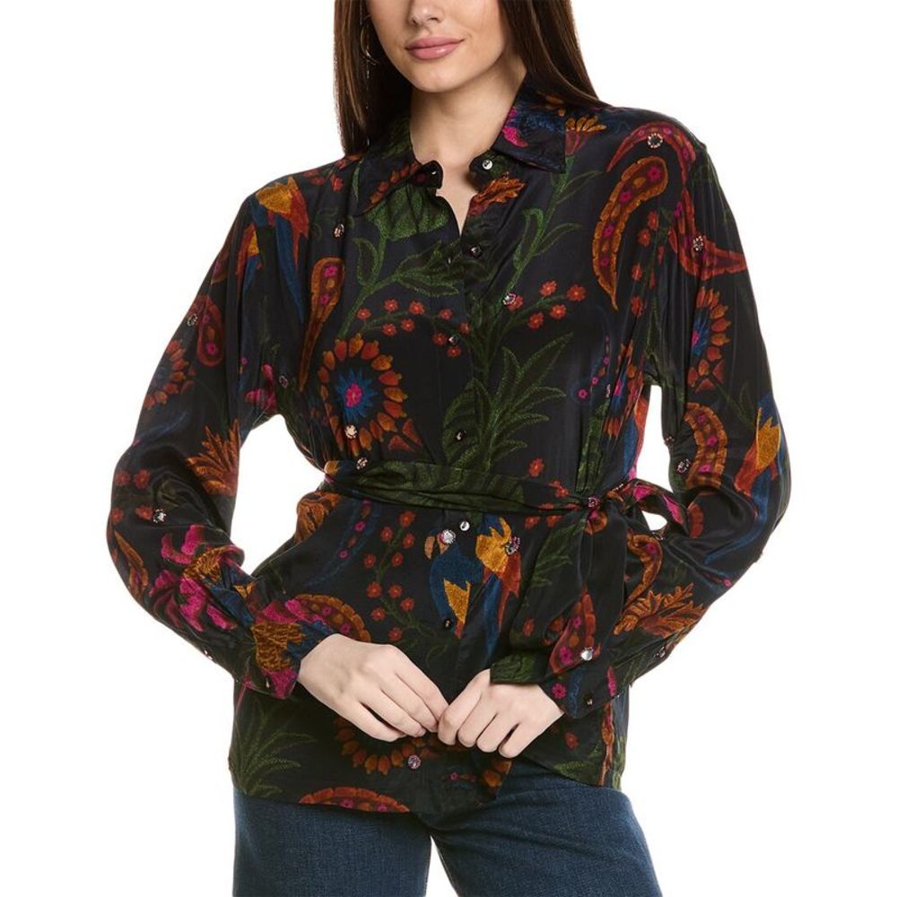 FARM Rio Black Floral Paisley Button-Front Blouse with Tie Waist